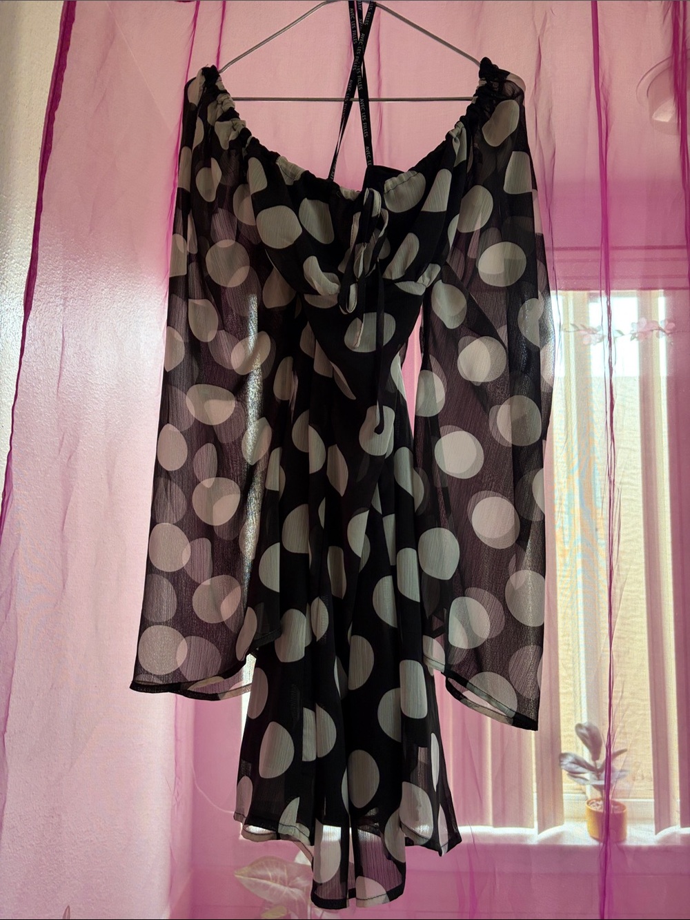 Sheer Black Polka Dot Off-Shoulder Dress